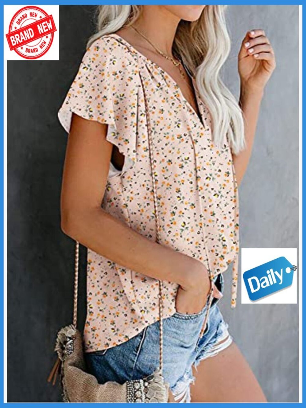 Women's Boho Floral V-Neck Short Sleeve Blouse, Lightweight Polyester Summer Top - Picture 4 of 7